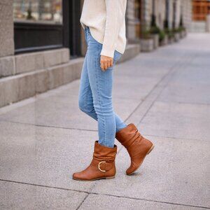 Top Moda Round Toe Slouched Large Buckle Flat Heel Leatherette Ankle Boots